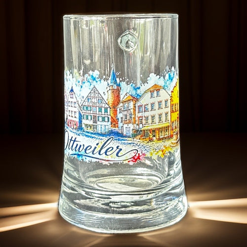 Ottweiler Bierglas mit farbigem Altstadtmotiv und Schriftzug „Ottweiler“