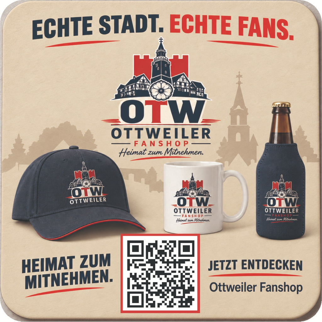 Bierdeckel-Werbeseite des Ottweiler Fanshops: „Echte Stadt. Echte Fans.“, OTW-Ottweiler-Logo, Cap, Tasse und Flaschenkühler, QR-Code sowie „Heimat zum Mitnehmen. Jetzt entdecken – Ottweiler Fanshop“