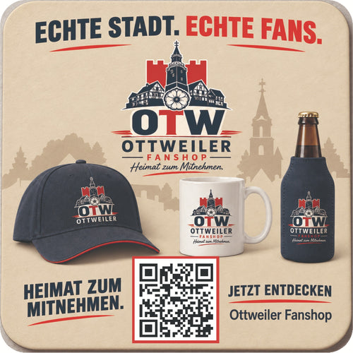 Bierdeckel-Werbeseite des Ottweiler Fanshops: „Echte Stadt. Echte Fans.“, OTW-Ottweiler-Logo, Cap, Tasse und Flaschenkühler, QR-Code sowie „Heimat zum Mitnehmen. Jetzt entdecken – Ottweiler Fanshop“