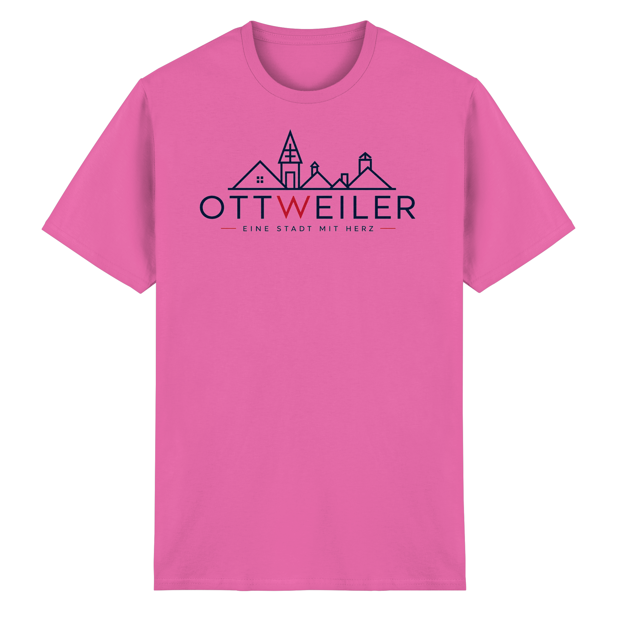 Rosa Ottweiler T-Shirt mit Stadtsilhouette und Schriftzug „Eine Stadt mit Herz“