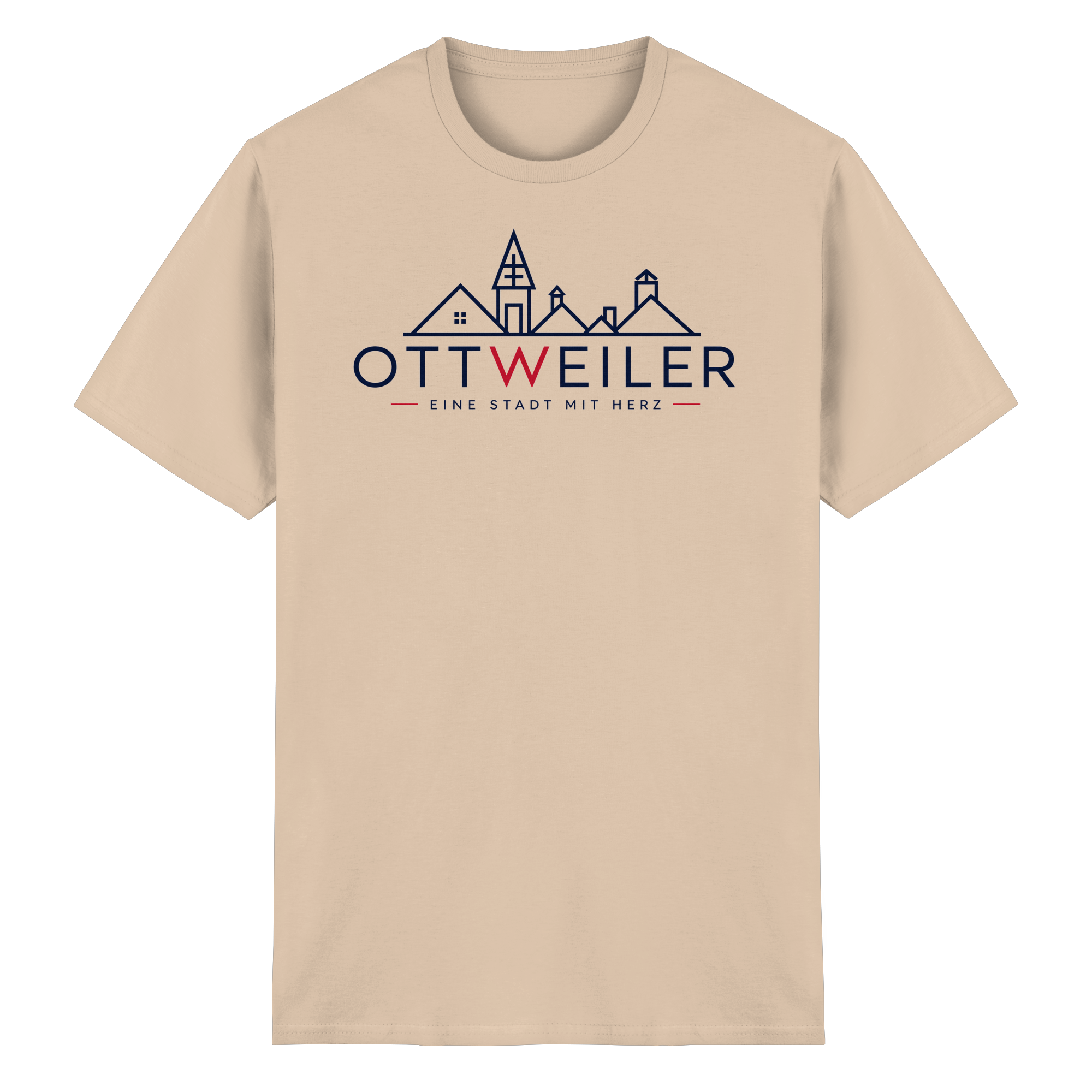 Naturfarbenes Ottweiler T-Shirt mit Stadtsilhouette und Schriftzug „Eine Stadt mit Herz“