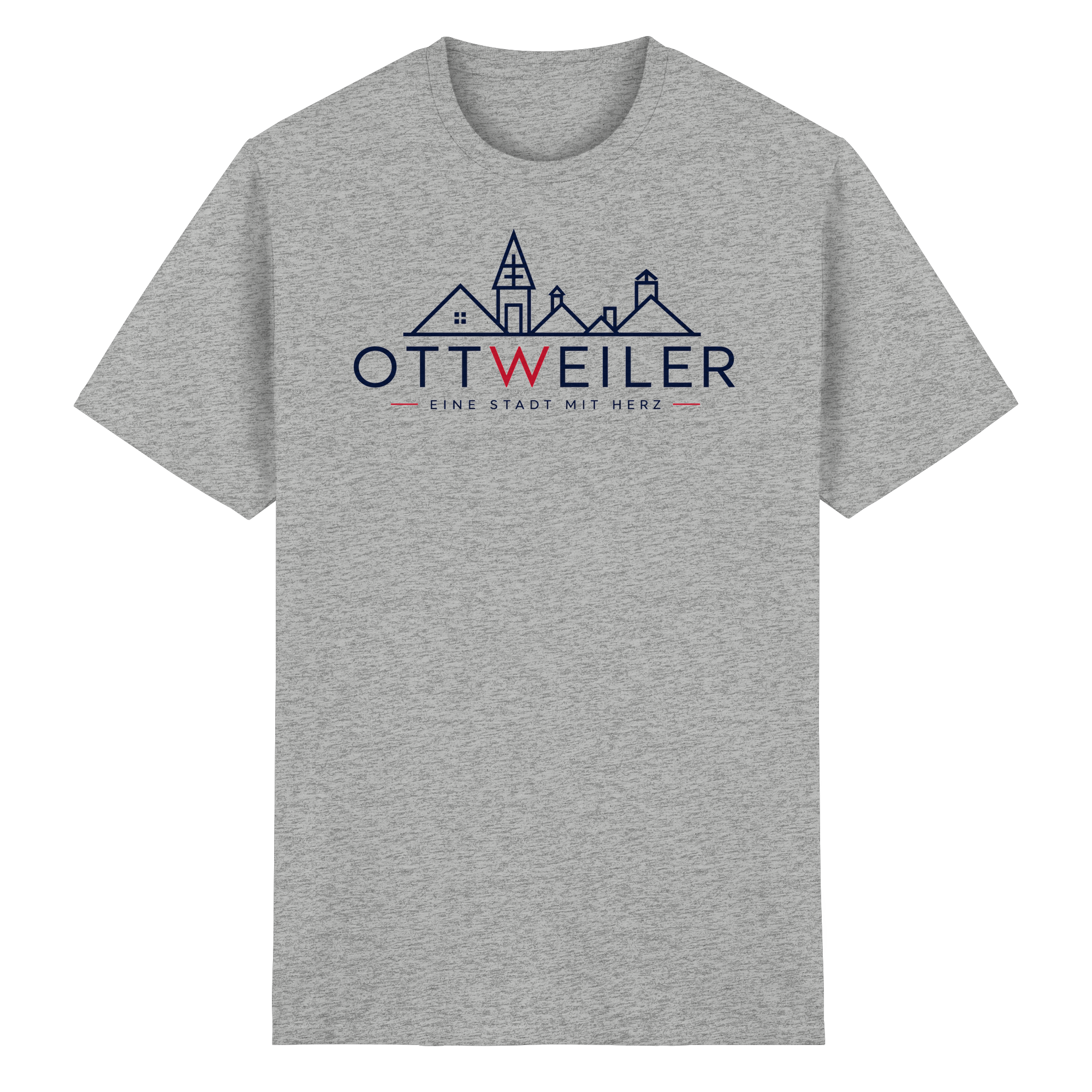 Grau meliertes Ottweiler T-Shirt mit Stadtsilhouette und Schriftzug „Eine Stadt mit Herz“