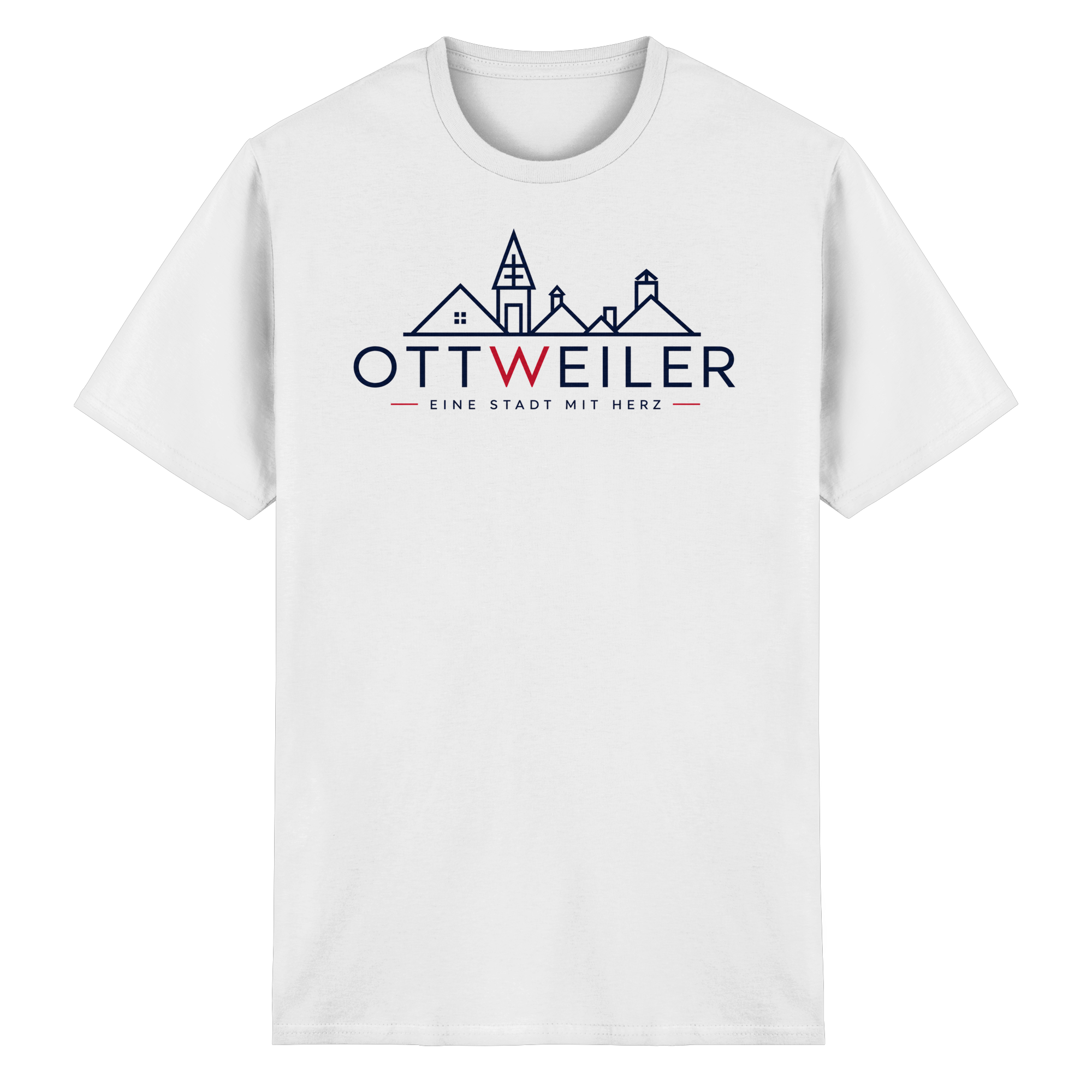 Weißes Ottweiler T-Shirt mit Stadtsilhouette und Schriftzug „Eine Stadt mit Herz“