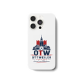 Weiße iPhone-14-Pro-Handyhülle mit OTW-Logo und Ottweiler Stadtsilhouette, Rückansicht