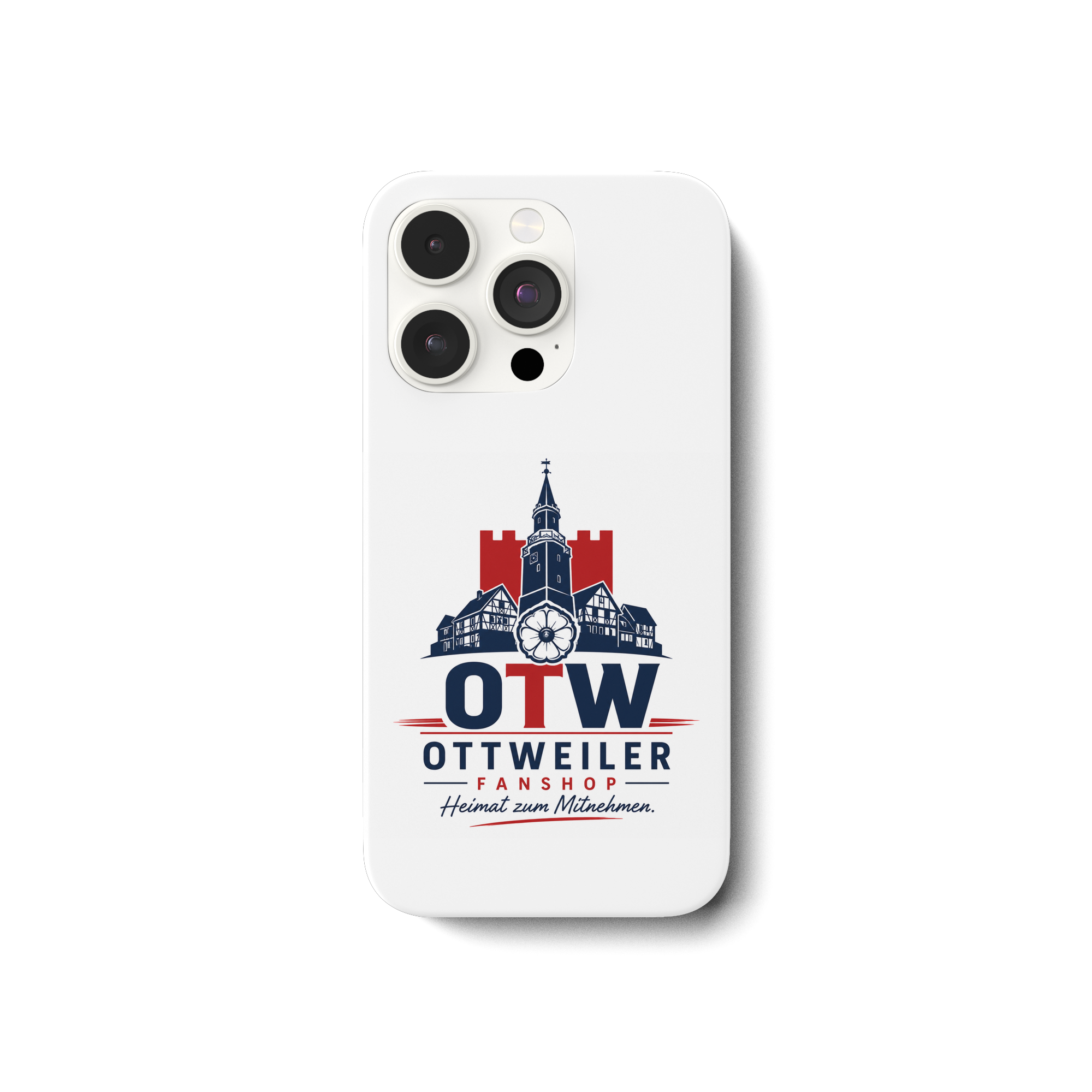 Weiße iPhone-14-Pro-Handyhülle mit OTW-Logo und Ottweiler Stadtsilhouette, Rückansicht