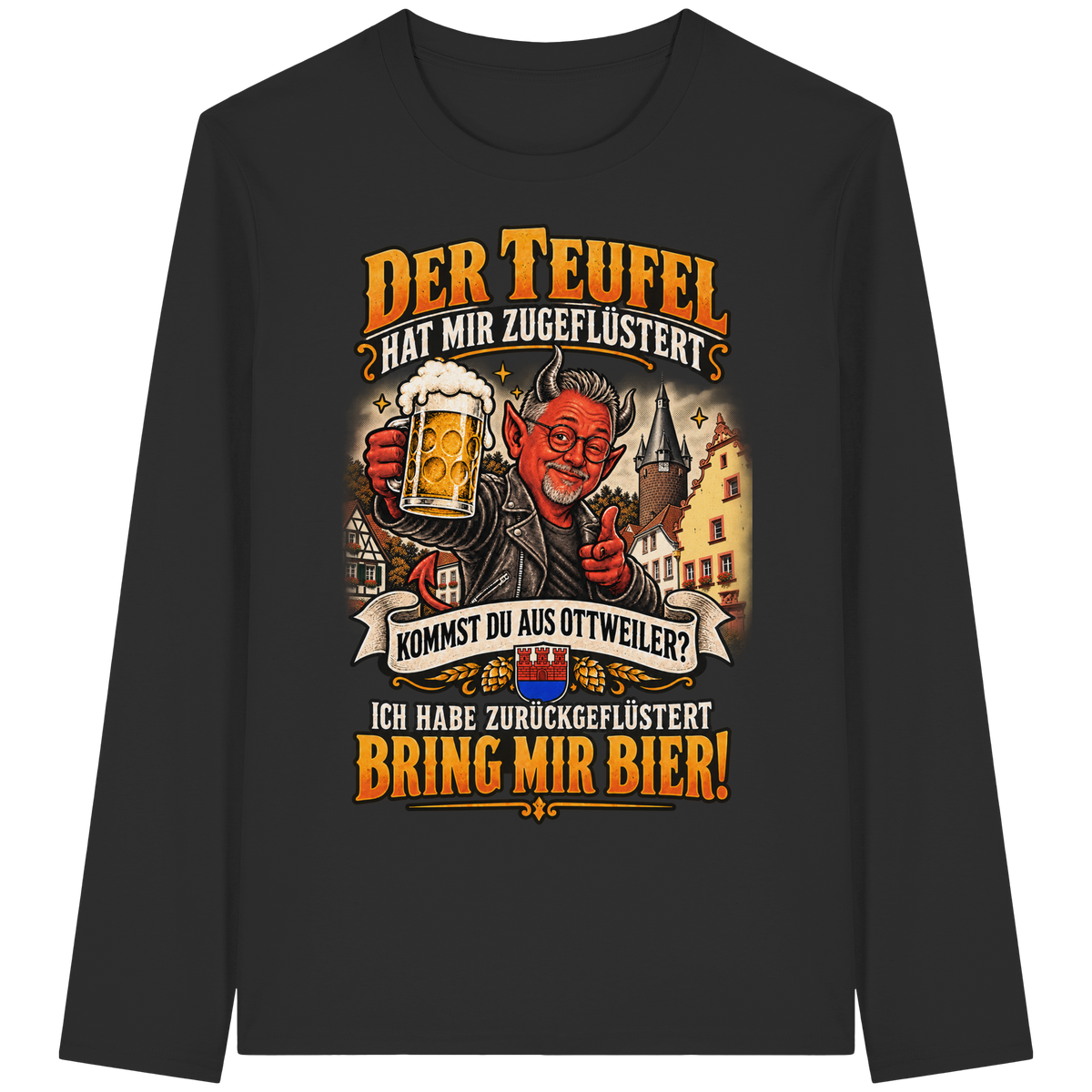 Schwarzes Organic Longsleeve mit Ottweiler-Teufelmotiv und dem Spruch „Bring mir Bier!“