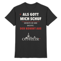 Schwarzes Premium Shirt mit dem Spruch „Als Gott mich schuf, grinste er und dachte: Der kommt aus Ottweiler“ und Ottweiler-Silhouette in Cremeweiß und Rot