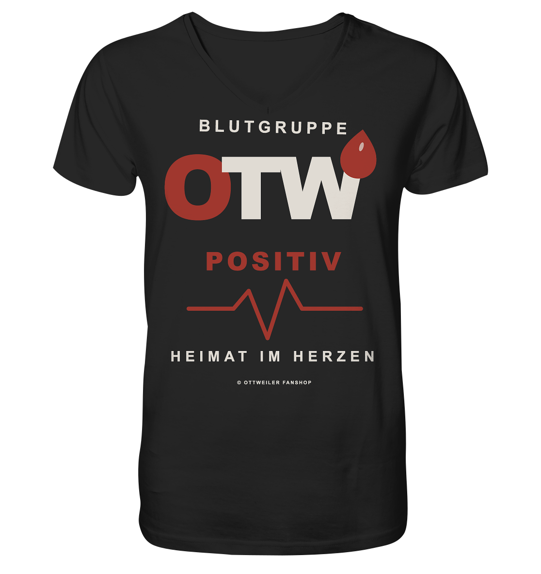Schwarzes V-Neck Shirt mit Druck auf der Vorderseite: „Blutgruppe OTW positiv“ mit rotem Blutstropfen, Pulslinie und „Heimat im Herzen“