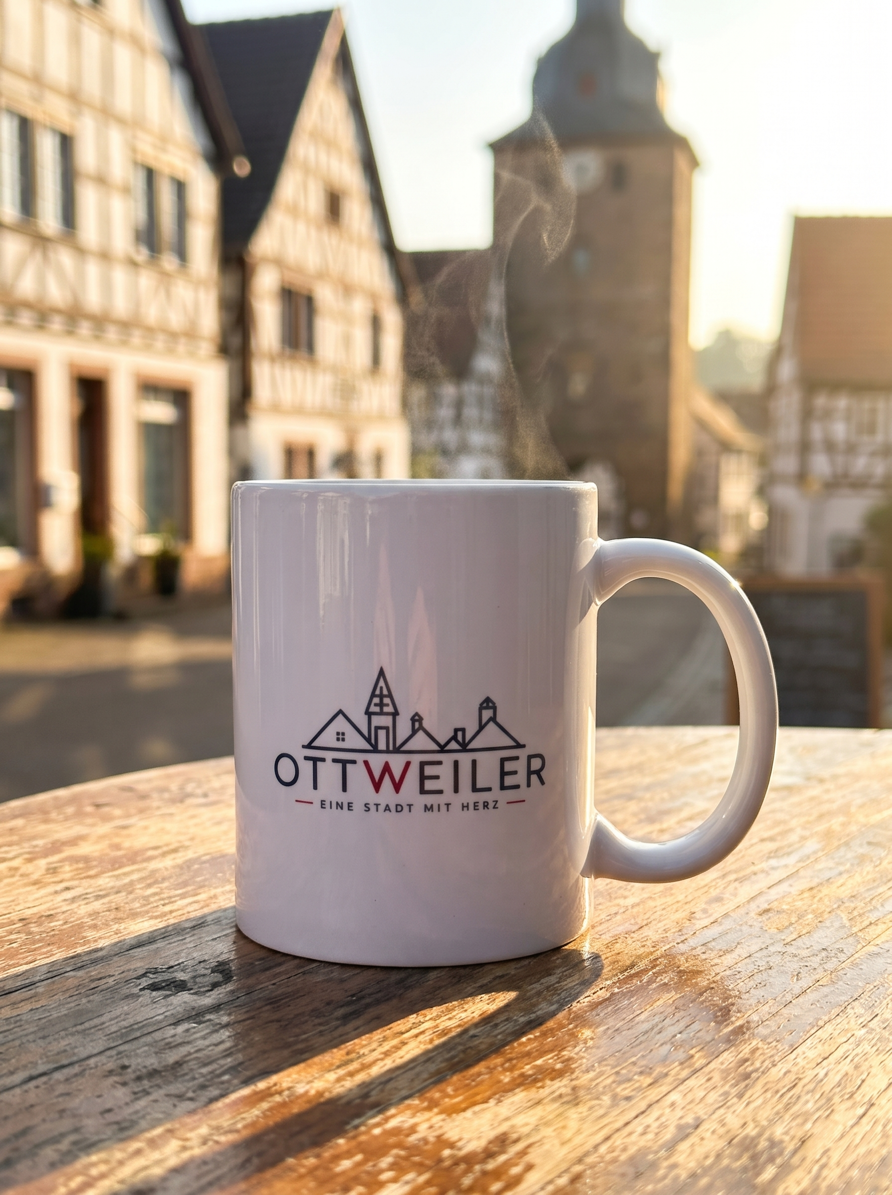 Weiße Ottweiler Tasse mit Stadtsilhouette vor der Ottweiler Altstadt