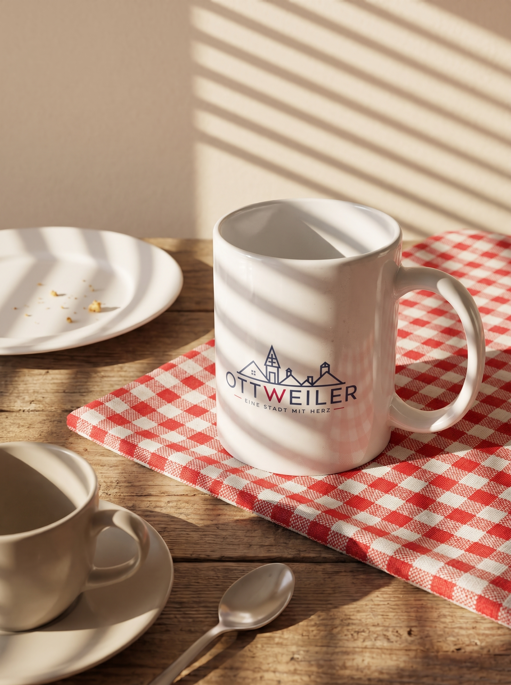 Weiße Ottweiler Tasse mit Stadtsilhouette auf rot-weiß karierter Tischdecke