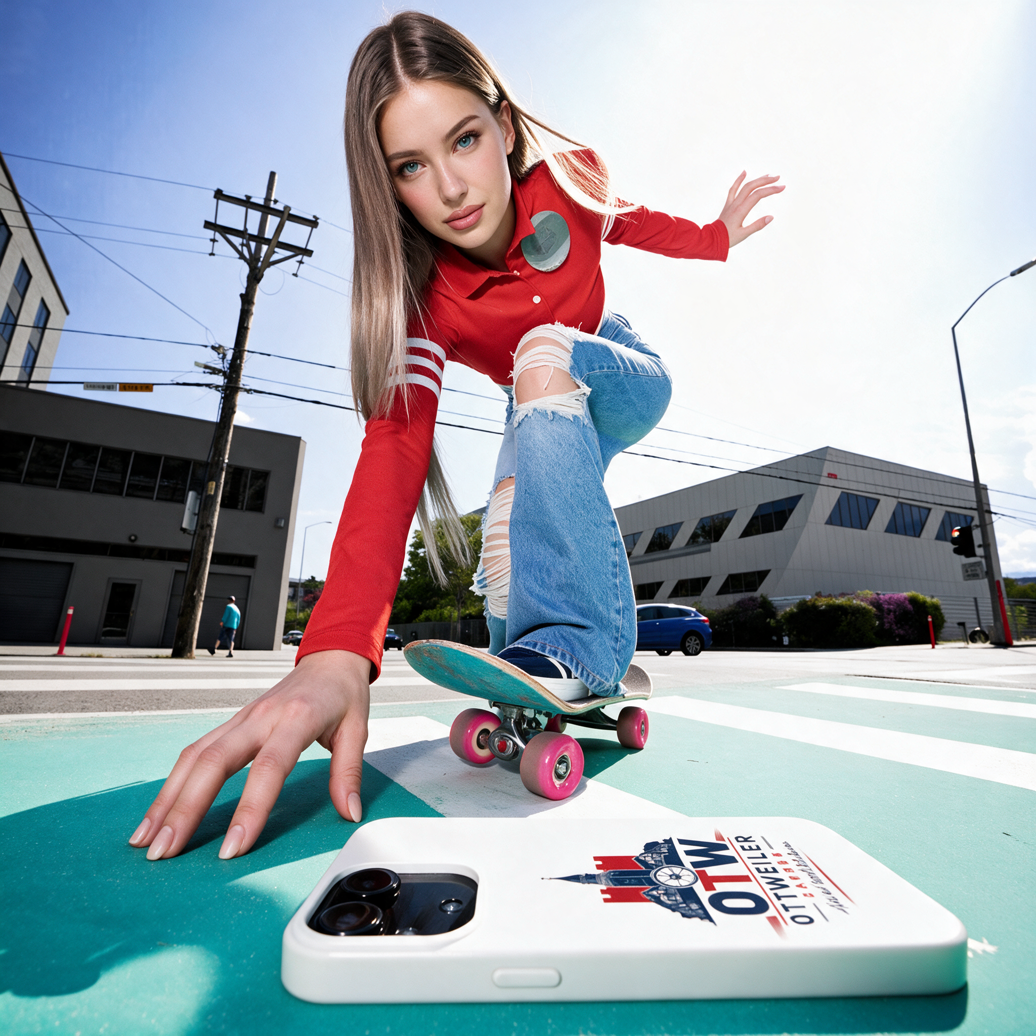 Weiße OTW-Handyhülle in einer inszenierten Skateboard-Szene
